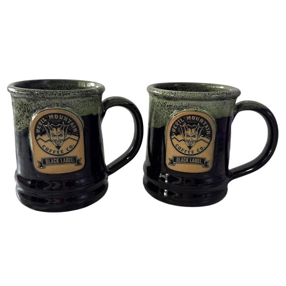 2 Deneen Pottery Devil Mountain Coffee Co Black Label Stoneware Mug Green Black - Picture 1 of 7